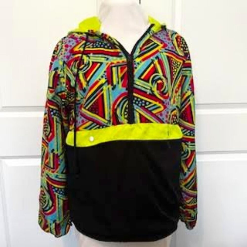 Y2K Retro Geometric Windbreaker Black Jack 1999 USA Men's Size Medium